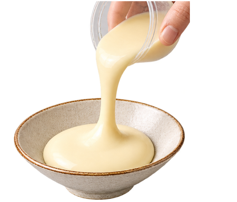 Mochi Pudding being poured into a serving bowl