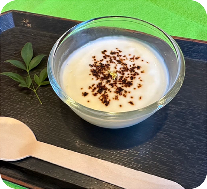 Mochi Pudding topped with black sesame