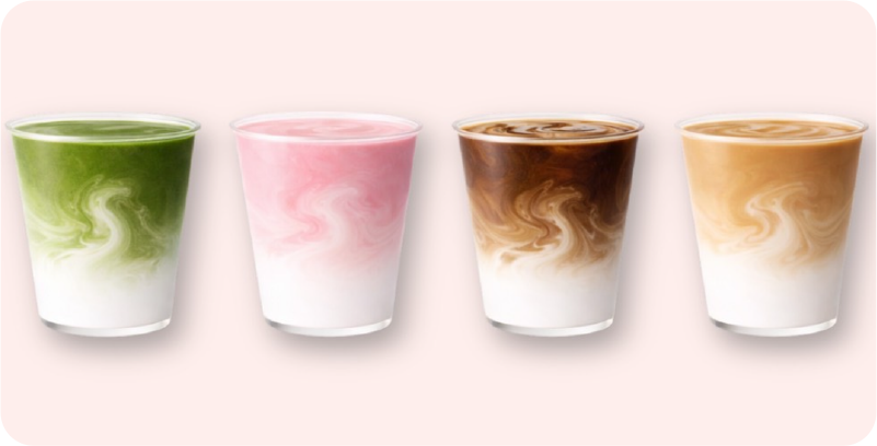 抹茶、いちご、キャラメル、ほうじ茶ラテ仕立てのお餅プリンドリンク
